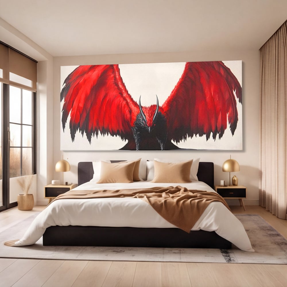 Tablou canvas cu tablou canvas cu pasare fantastica rosu cu negru, fara rama, pe sasiu de lemn, pe perete intr-un dormitor